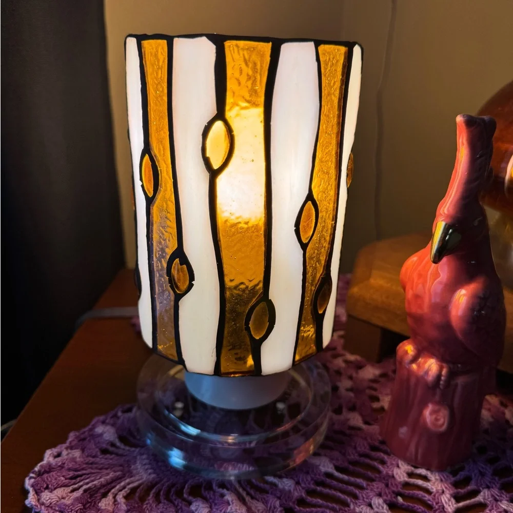 Tiffany Inspired Stained Glass Table Lamp with Orange and Black Accents